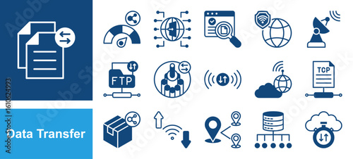 Data Transfer icon set with Bandwidth, Gateway, Checksum, VPN, Receiver, FTP, Fiber optic, Signal.