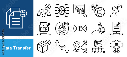 Data Transfer icon set with Bandwidth, Gateway, Checksum, VPN, Receiver, FTP, Fiber optic, Signal.