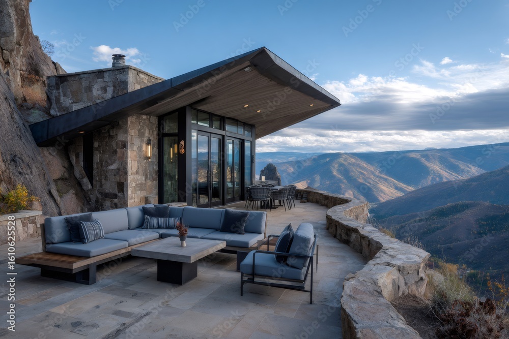 Obraz premium Modern house with cantilevered roof merging with mountain landscape
