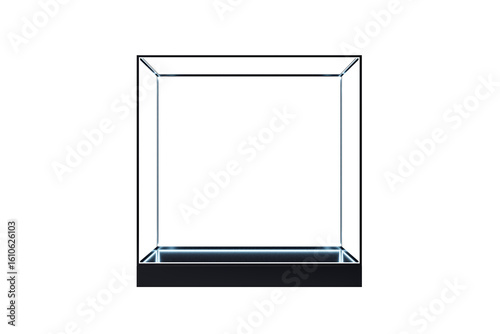 Transparent glass display case with internal lights and a black base, isolated on white background. Concept for product presentation or exhibit. 3D Rendering