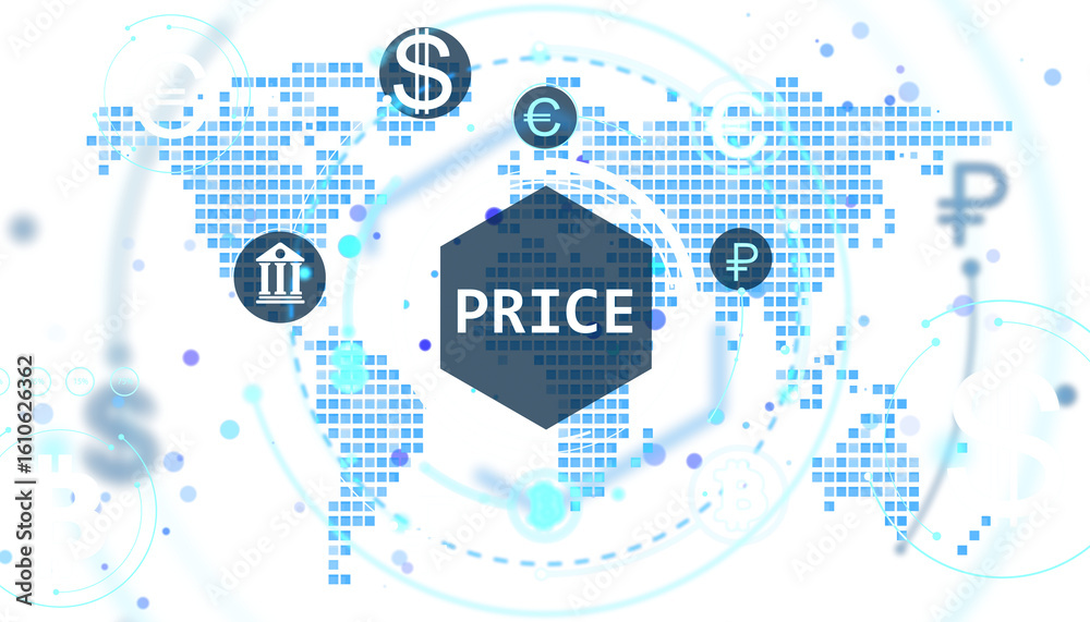 Obraz premium Global financial icons with price text over pixelated world map, modern hologram style on white backdrop, concept of digital currency economy. 3D Rendering