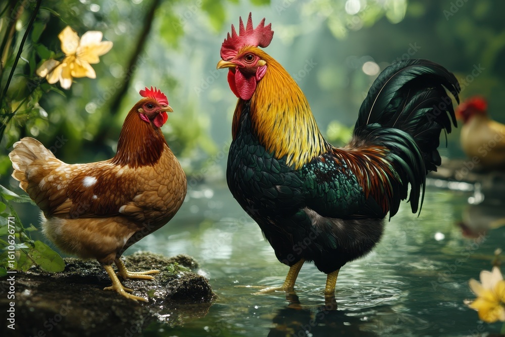 Fototapeta premium Colorful rooster and hens roaming among vibrant spring greenery near water, rooster and hens on the background of spring greenery slow motion