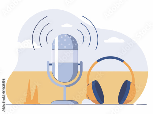 Podcast Illustration Featuring a Microphone with Sound Waves and Headphones in a Soft Color Palette stylized