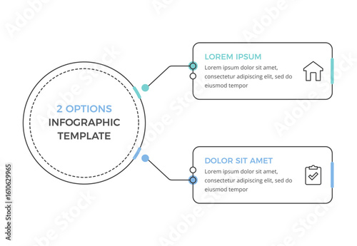 Infographic template with central circle and two connected text boxes, business diagram with icons and connecting lines, vector eps10 illustration