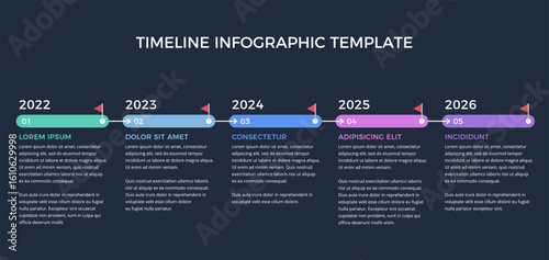 Timeline infographics template with 5 elements connected with arrows, dark background, vector eps10 illustration