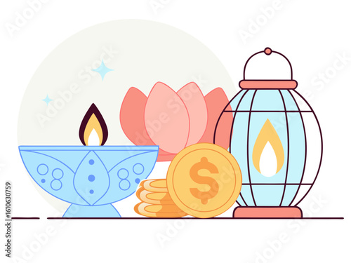 Diwali Celebration A Flat Vector Illustration Featuring a Diya Lotus Flower Coins and a Lantern flat