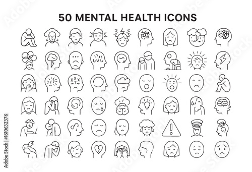 Mental Health Icons Collection of 50 Line Drawings