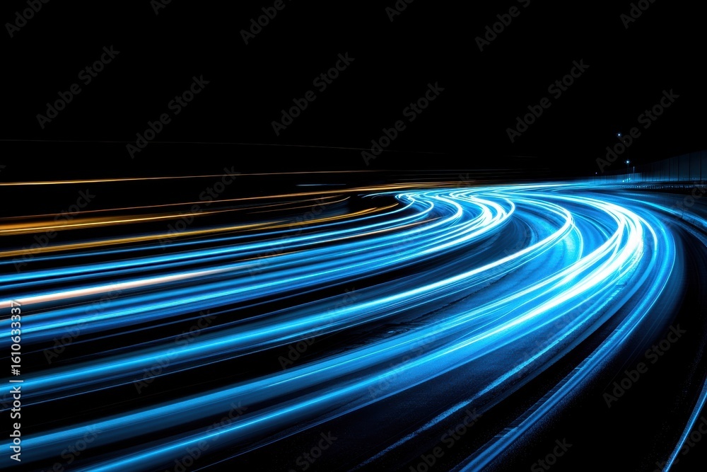 Fototapeta premium Blue light trails create dynamic patterns against a dark background in long exposure capture, Blue light trails over dark background with glowing center