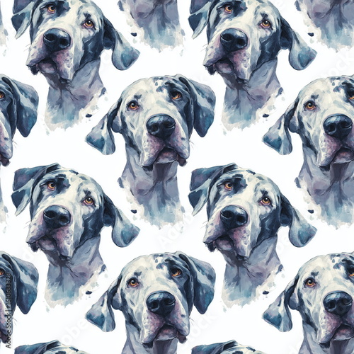 Cute Great Dane Dog Faces Seamless Pattern in Watercolor Style Pastel Tones Soft Texture on White Background Whimsical Pet Design Theme