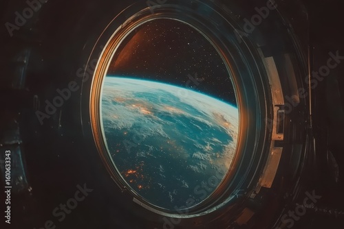 Fototapeta Naklejka Na Ścianę i Meble -  View of Earth through the porthole of the space station at dawn, view from the space station through the porthole to outer space and the planet