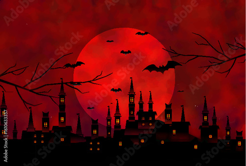 ハロウィン　城　月　秋　背景