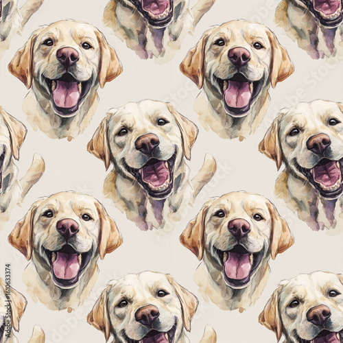 Whimsical Pastel Labrador Retriever Faces Seamless Pattern in Watercolor Style on White Background