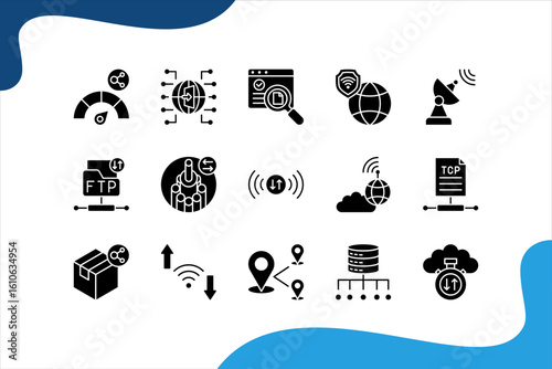 Data Transfer icon set with Bandwidth, Gateway, VPN, Receiver, Fiber optic, Signal.