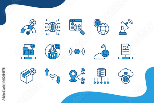 Data Transfer icon set with Bandwidth, Gateway, VPN, Receiver, Fiber optic, Signal.