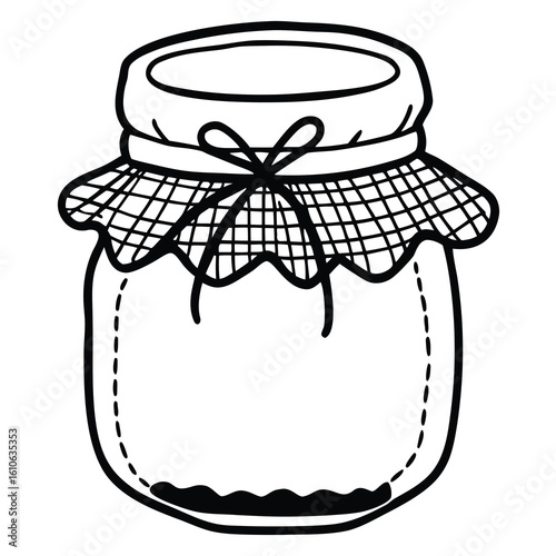 Hand drawn illustration of a charming glass jar with a checkered fabric lid tied with a rustic bow perfect for homemade preserves or crafts
