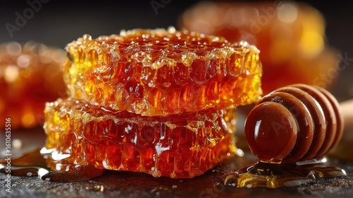 Hexagonal honeycomb wax pattern in amber, natural beekeeping concept for biology education and ecological art.