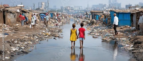 Resilience and Hope: Two children hold hands, walking confidently through a challenging environment, with a cityscape as their backdrop, depicting a story of resilience and hope.