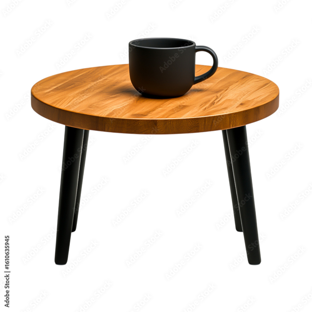Modern round wooden coffee table with black legs and a ceramic cup on top Modern round wooden coffee table with black legs and a ceramic cup on top