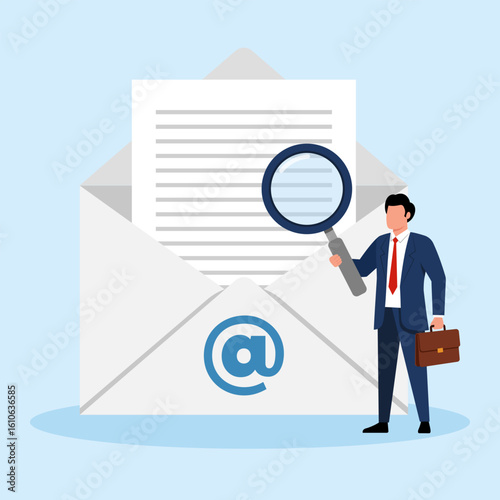 Illustration of a businessman with a magnifying glass examining an email, symbolizing email analysis and information review.