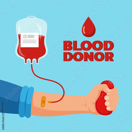 Illustration of a blood donation process with a hand, blood bag, and text "BLOOD DONOR", symbolizing saving lives and medical contribution.