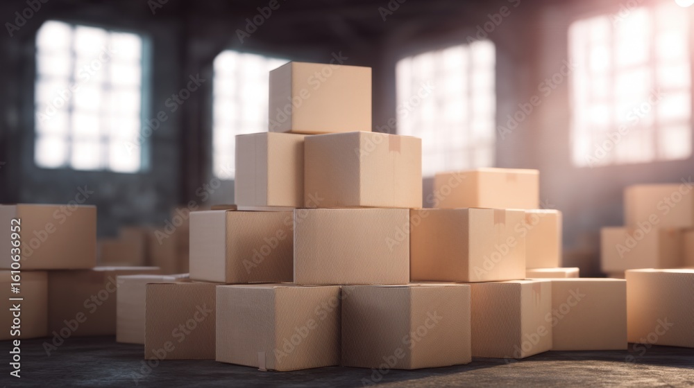 Fototapeta premium An indoor setting with stacked cardboard boxes in varying sizes, arranged in a pyramid-like structure,