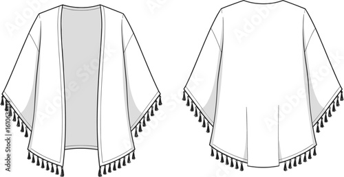 Kimono-style cardigan with tassel trim, front and back fashion flat sketch, wide sleeve draped outerwear CAD design illustration