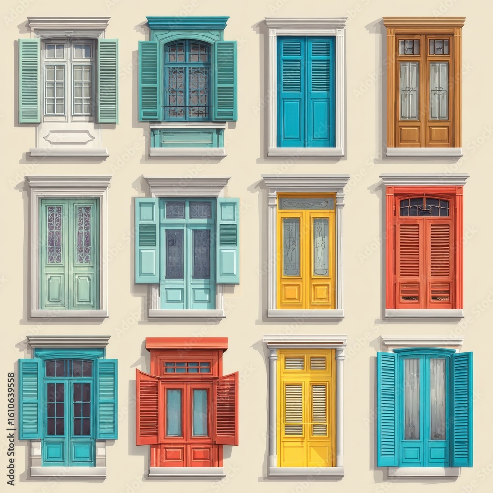 Obraz premium A variety of colorful window shutters in different styles.