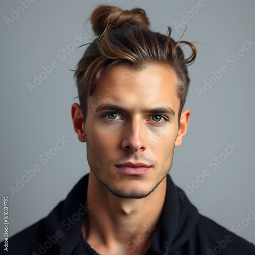 Portrait of a man with a messy bun hairstyle, capturing a relaxed and casual appearance.