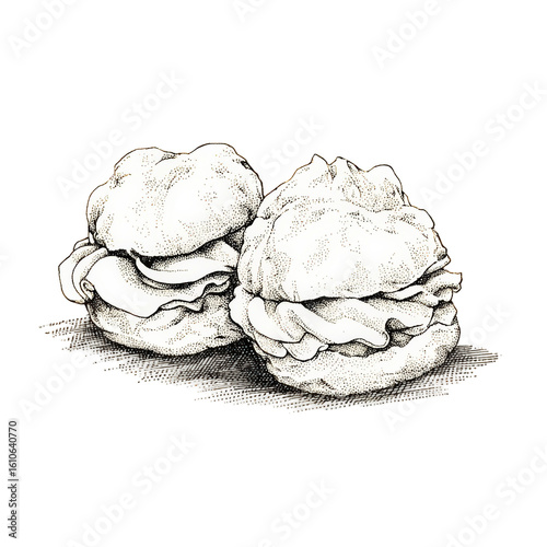 Exquisite sketch of cream puffs, showcasing delicate shading and texture, beautifully rendered on transparent background
