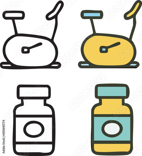 Stationary Exercise Bike and Medicine Bottle Icons.