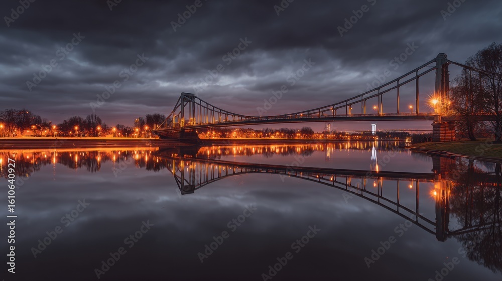 Obraz premium A suspension bridge spans calm waters at twilight, illuminated by warm streetlights with reflections on the surface,