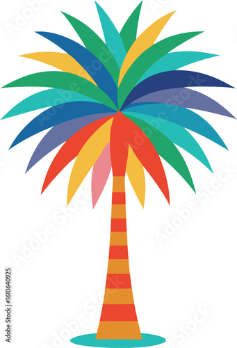 Modern colorful vector illustration of Butia capitata (Pindo palm) tree with curved fronds and thick trunk, Butia capitata palm tree vector, Colorful pindo palm tree illustration, Tropical fruit palm 