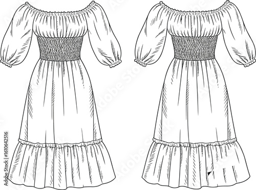 Off-shoulder dress vector sketch, puffed long sleeves, smocked bodice, ruffled hem, elastic neckline, fashion CAD front back technical drawing