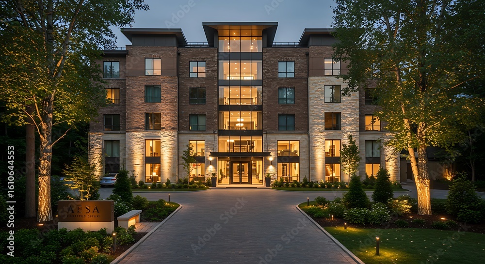 Elegant residential building exterior at dusk showcasing architectural design and landscape lighting creating a welcoming atmosphere Elegant residential building exterior at dusk showcasing architectural design and landscape lighting creating a welcoming atmosphere