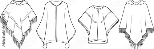 Poncho vector illustration set, hooded poncho with fringe, buttoned cape, open front style, fashion CAD sketch, garment design pack