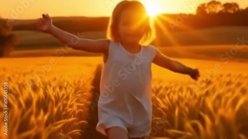 A Child Running Joyfully Through a Wheat Field at Sunset