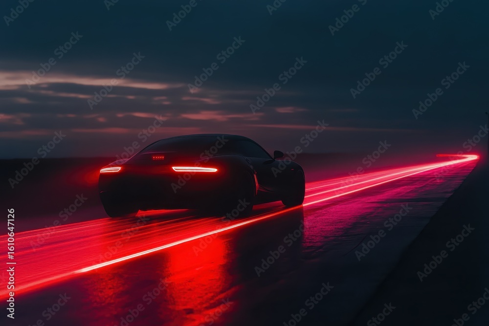 Obraz premium Car in slow motion with glowing tail lights on wet road at dusk during a rainstorm, The car is moving in slow motion, with the effect of red light stripes