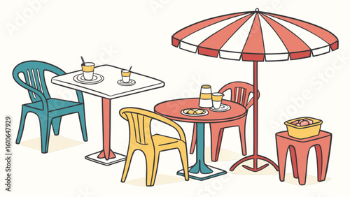 Outdoor cafe scene with tables chairs umbrella and drinks for restaurant or bistro concept design art