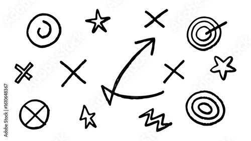 A collection of black hand-drawn marks and sketchy symbols including arrows and stars.