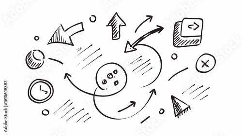 A collection of hand-drawn marks, arrows, and symbols for process and planning doodles.