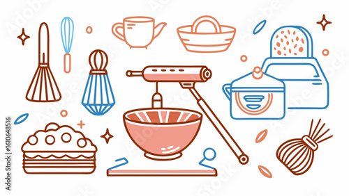 A flat illustration showcasing a collection of baking tools and kitchenware essentials.