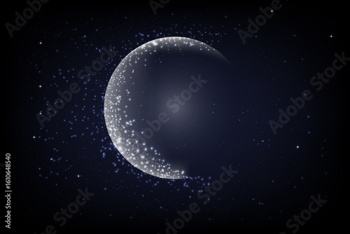 Stylized crescent moon with sparkling stars on a dark night sky, perfect for astronomy and dreamy designs.