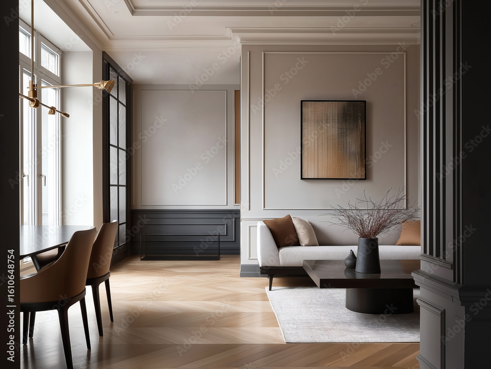 Fototapeta premium Aesthetic beautiful elegant modern luxury interior design. Clear mock up empty wall for decoration in the apartment, painting frame. Copy space in the room.