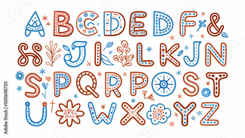 Vibrant hand-drawn alphabet with colorful Scandinavian folk art style decorative patterns.