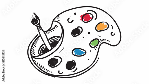 A hand-drawn sketch of an artist's palette with a brush and dabs of colorful paint.