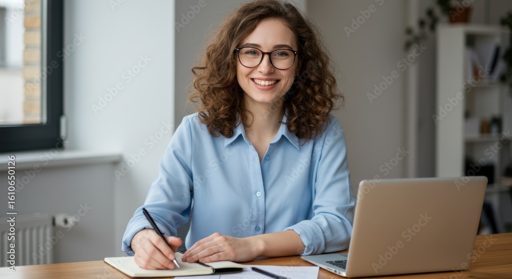 A young, smiling woman with curly hair and glasses writes in a notebook while working on her laptop at a desk A young, smiling woman with curly hair and glasses writes in a notebook while working on her laptop at a desk