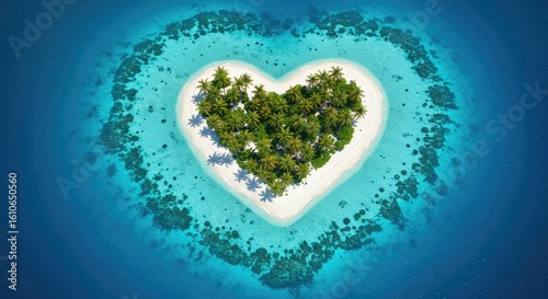 Heart-Shaped Tropical Island Paradise: Aerial View of Palm Trees, White Sand, and Turquoise Waters
