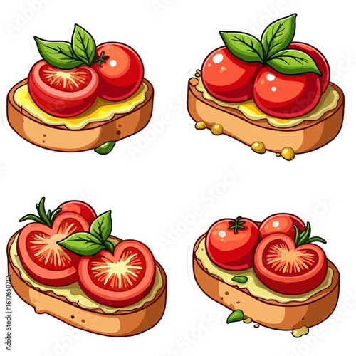 Colorful Cartoon Bruschetta with Fresh Tomatoes and Basil Appetizing Food.