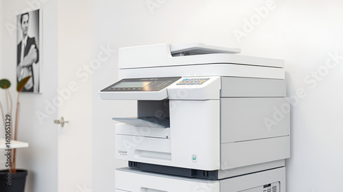Photocopier printer, The copier or photocopy machine office equipment workplace on white wall background for scanner or scanning document and printing or copy paper duplicate and Xerox.