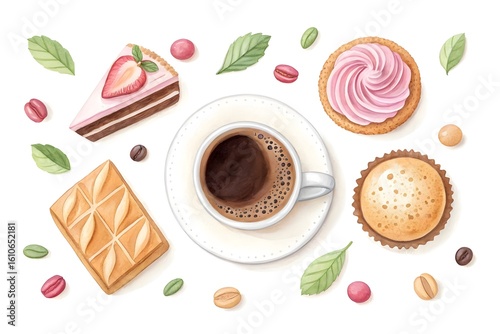 Watercolor coffee and assorted desserts top view saucer